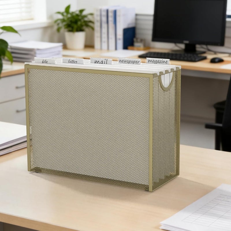 Sinboun Hanging File Organizer Letter-Size File Holder Filing Box Includes 5 Hanging Folders - Metal Mesh Magazine Letter Storage Cabinets File Cart for Office Home School, No Assembly Required Gold - Image 5